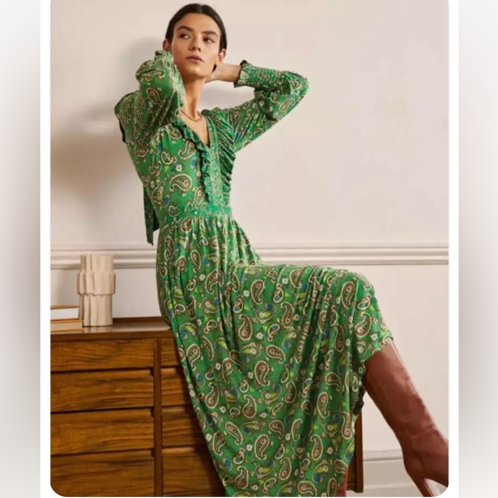 BODEN 14 large XL Gorgeous Green Paisley MAXI Dress Longsleeve - Picture 15 of 16
